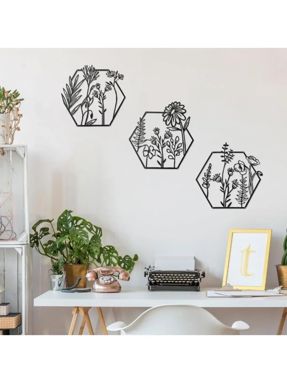 3-Piece Metal Flower Wall Decor Set - Minimalist Floral Hanging Art, Black